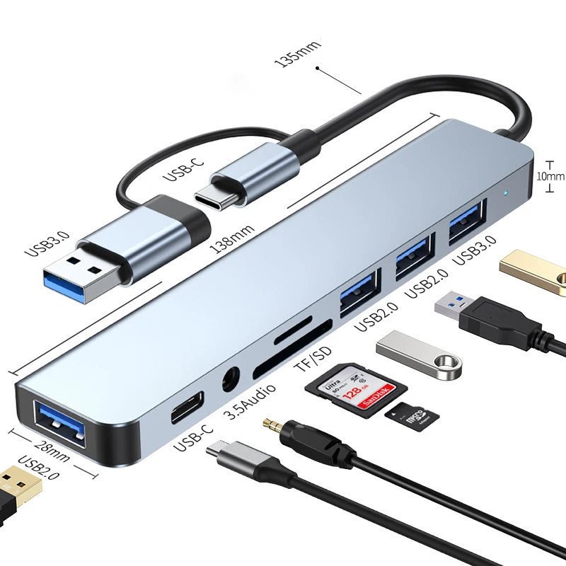 8 in 2 USB +Type C HUB Docking Station with 3.5mm Audio Jack Adapter for Micro SD Card Reader Laptop Tablet Phone Disk Converter - Messica